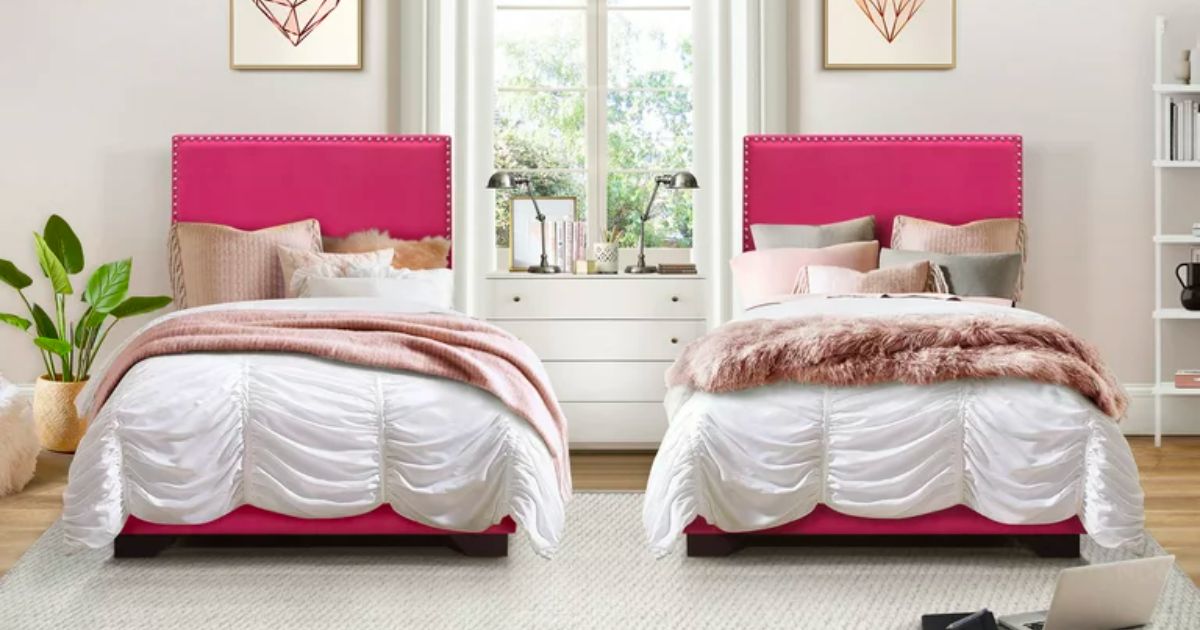 Skylar Nailhead Trim Upholstered Twin Platform Bed Pink