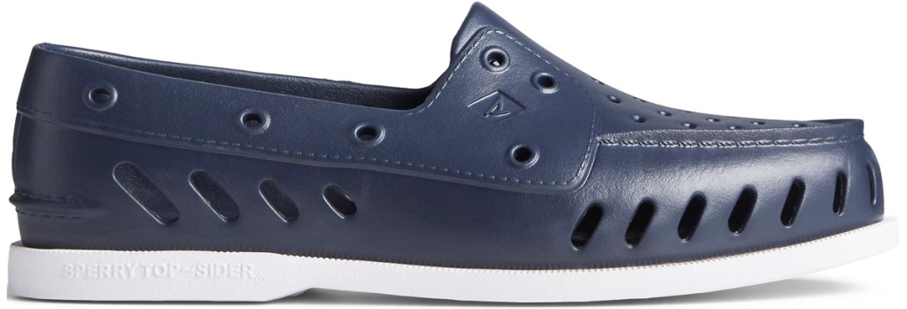 navy blue and white sperry float boat shoe