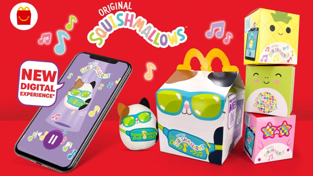 McDonalds Squishmallow Happy Meal components on red background