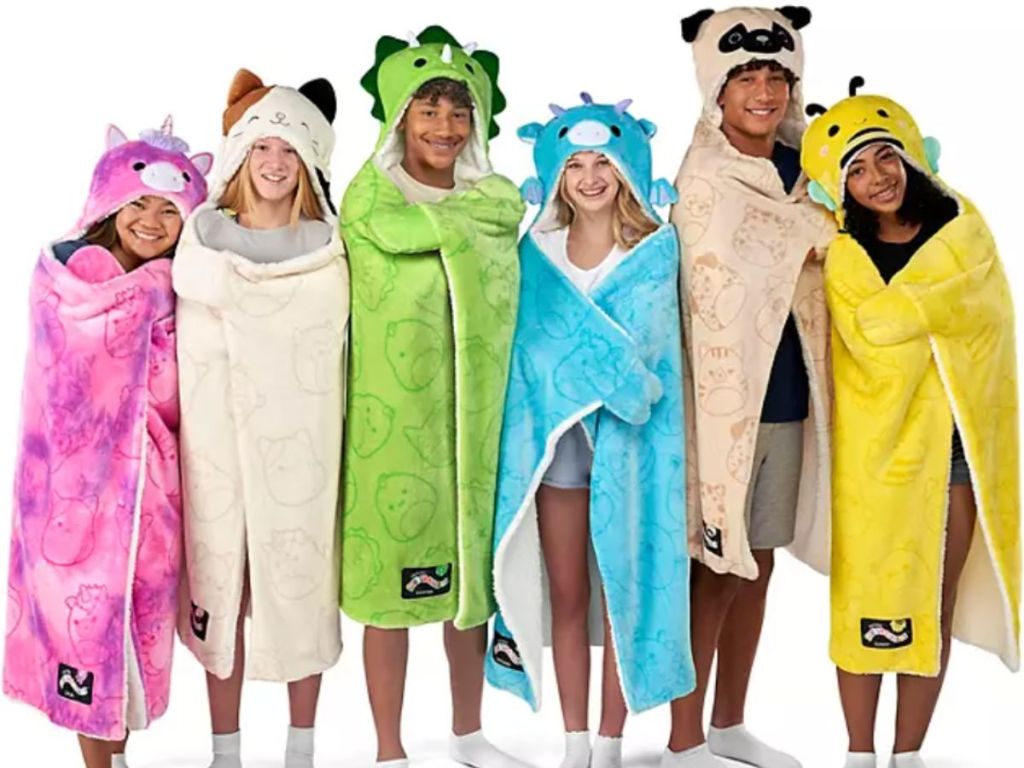 6 Kids wearing Squishmallows hooded throw blankets
