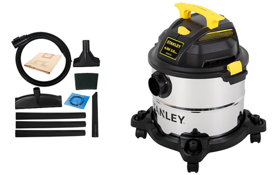 silver and black Stanley 5 Gallon Wet/Dry Vacuum with accessories