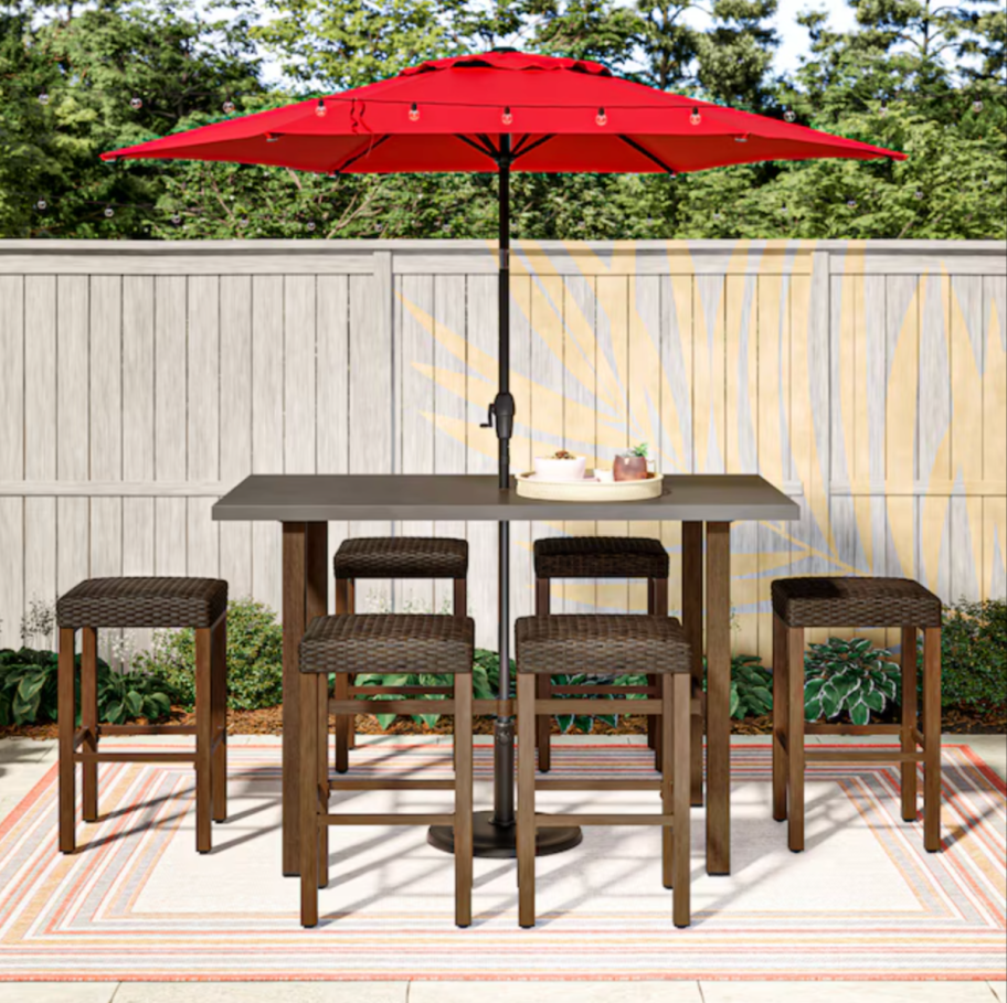 A red patio umbrella from Lowes