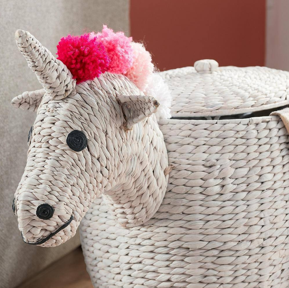 Basket that looks like a unicorn with a pink mane