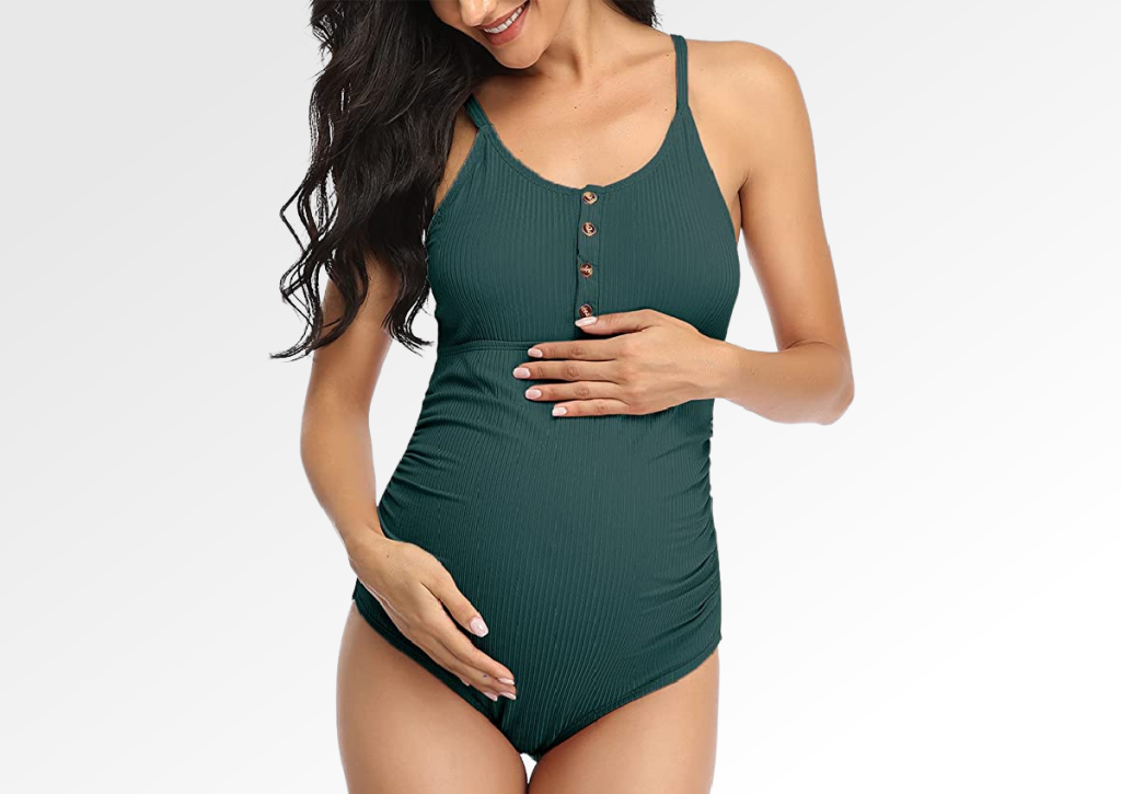 Woman modeling an affordable and comfortable Summer Mae maternity bathing suit