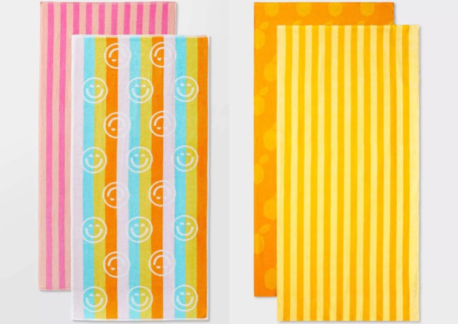 2 beach towel 2 packs one in pink and one in orange and yellow
