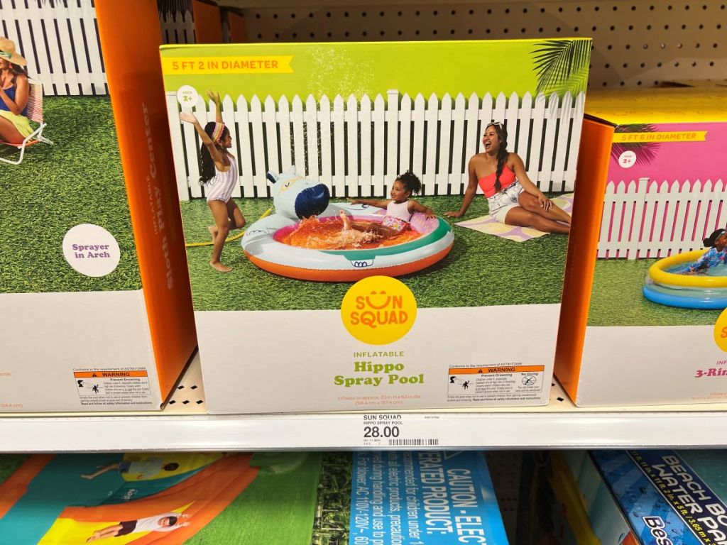 Sun Squad Kids Hippo Spray Inflatable Pool on a shelf at Target