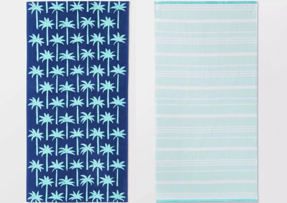 two sun squad beach towels one in blue and one in aqua stripe