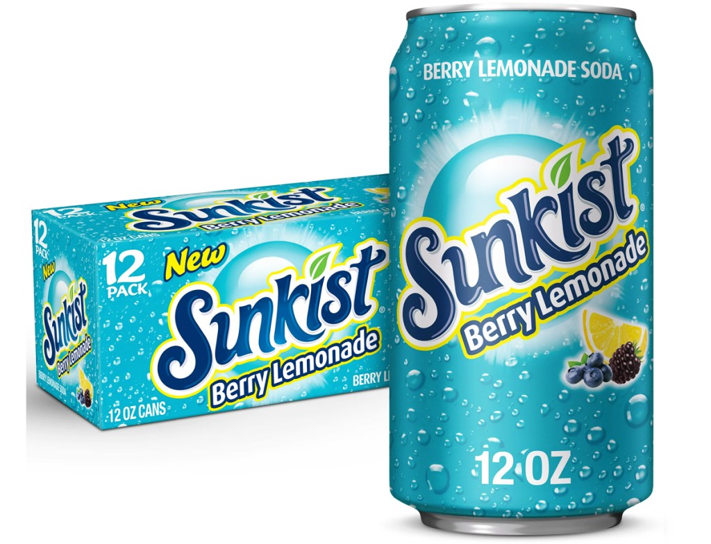 blue can of Sunkist Berry Lemonade Soda in front of it's box