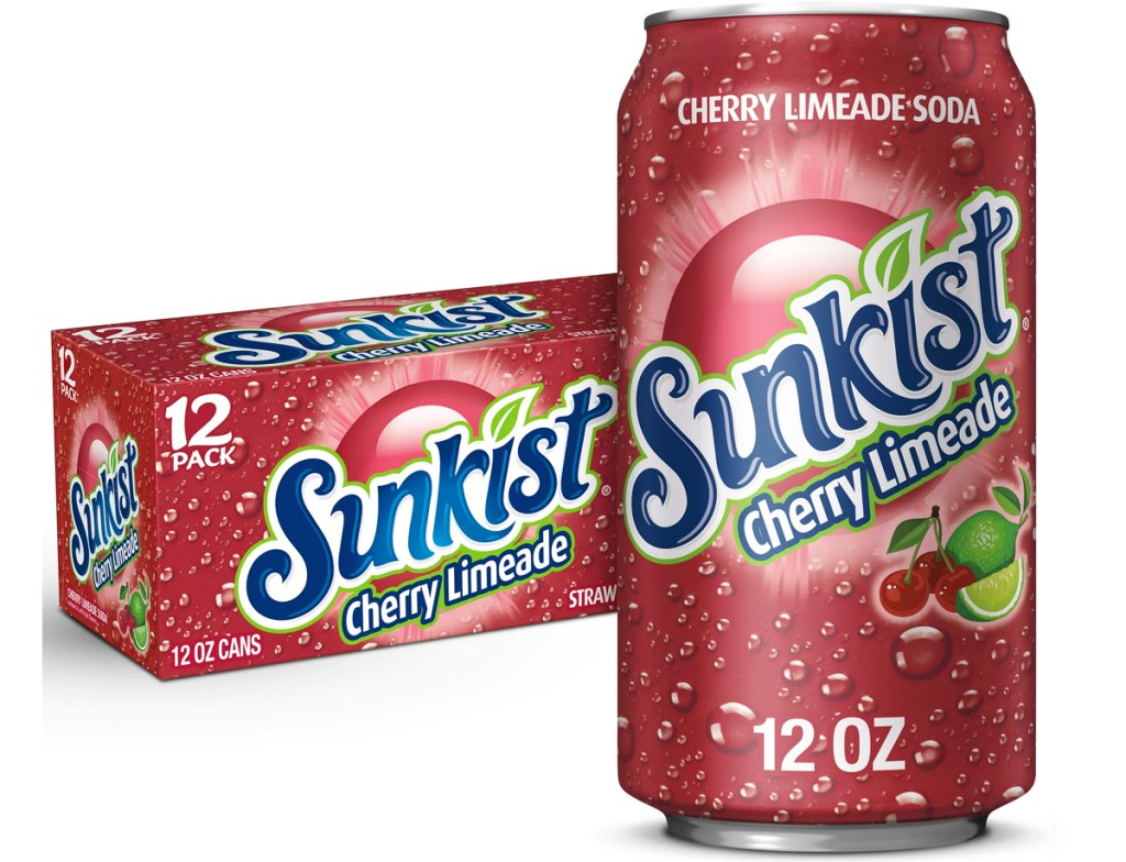 red can of Sunkist Cherry Limeade Soda in front of it's box