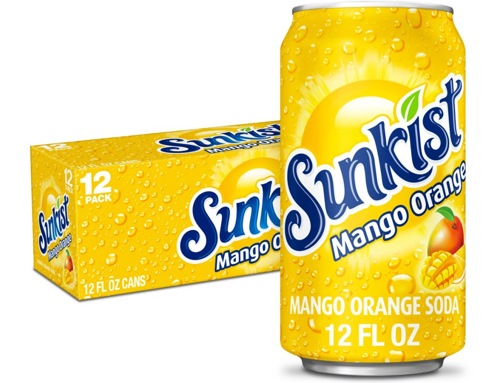 yellow can of Sunkist Mango Orange Soda in front of it's box