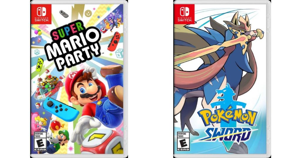 Super Mario Party and Pokemon Sword game cases