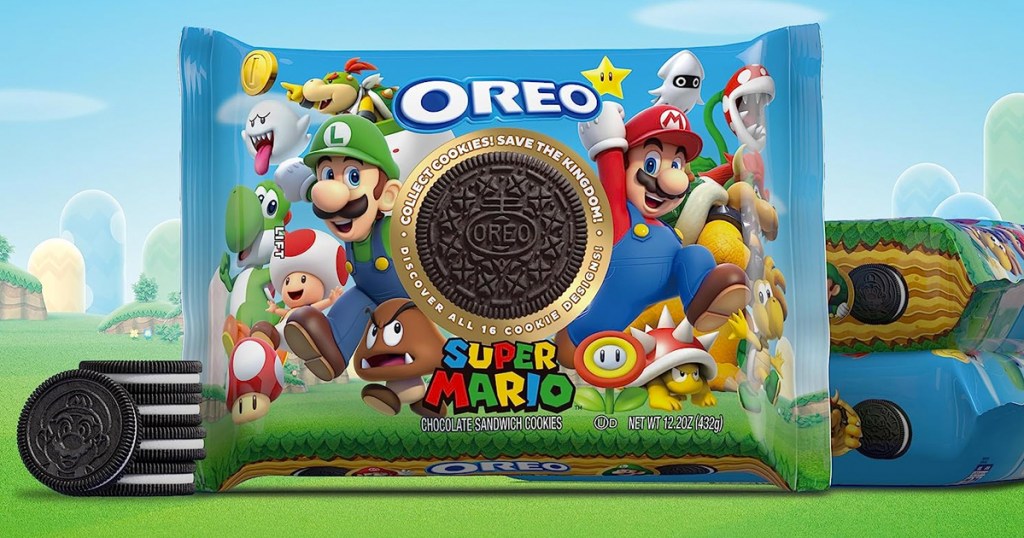 pack of super mario oreos with stack of oreos in front of it