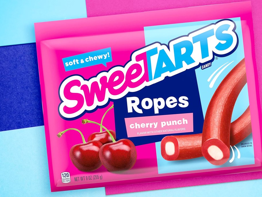 pink and blue bag of SweeTARTS Cherry Punch Ropes
