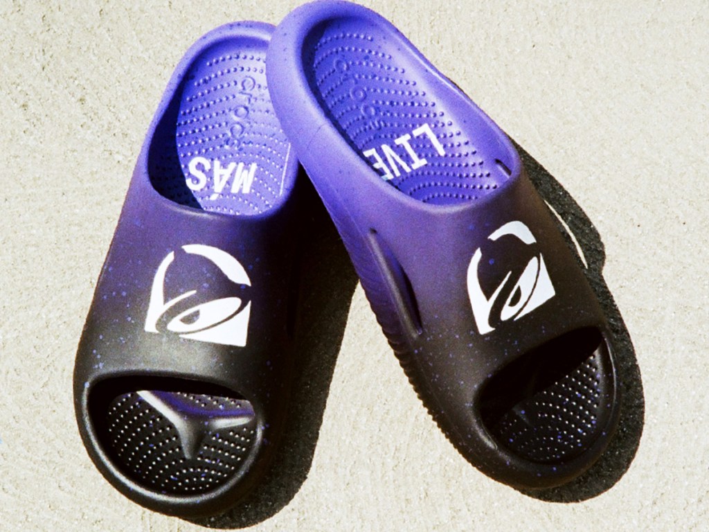 black and purple pair of Taco Bell Crocs sandals