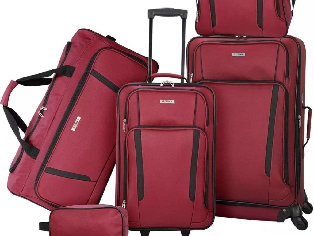 Red five piece luggage set