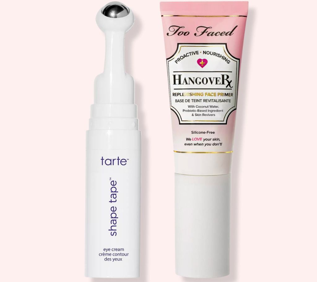 Tarte Travel-Size Shape Tape 24-Hr Hydrating Vegan Eye Cream and Too Faced Travel Size Hangover Replenishing Face Primer product images 