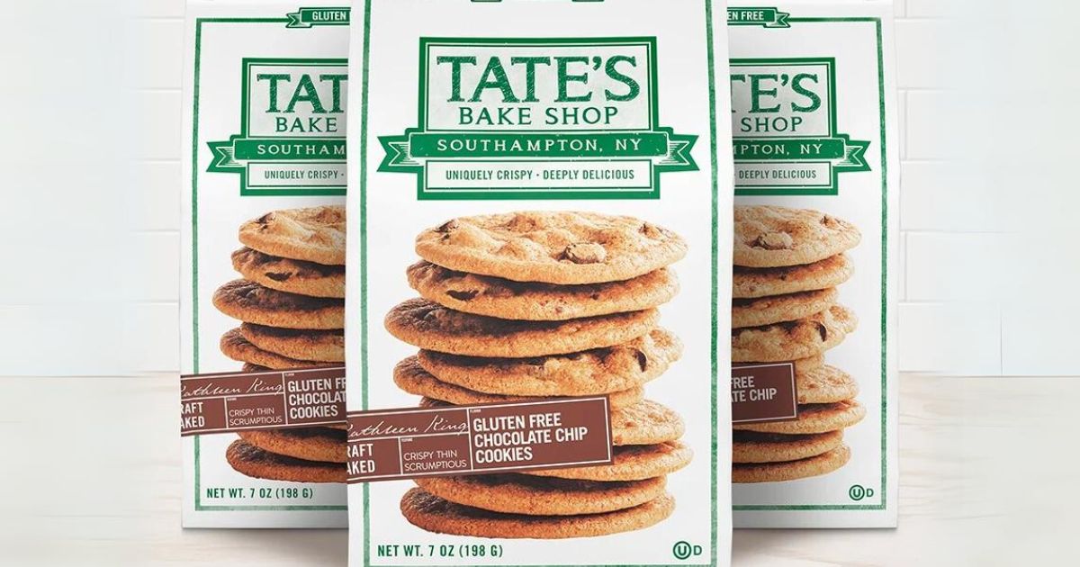 3 bags of Tate's Bake Shop Gluten Free Chocolate Chip Cookies on a white marble counter