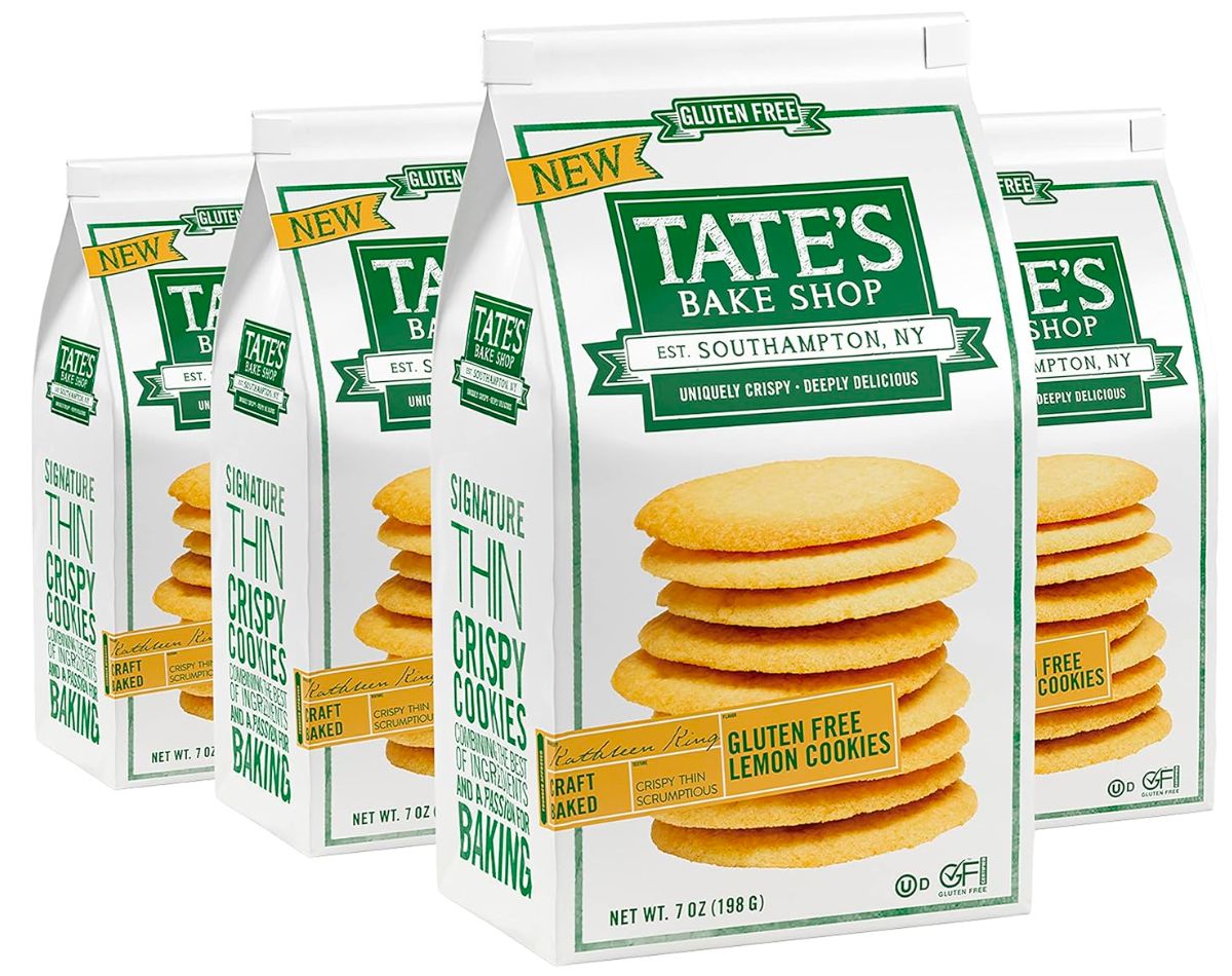 4 bags of Tate's Bake Shop Gluten Free lemon cookies on a white marble counter
