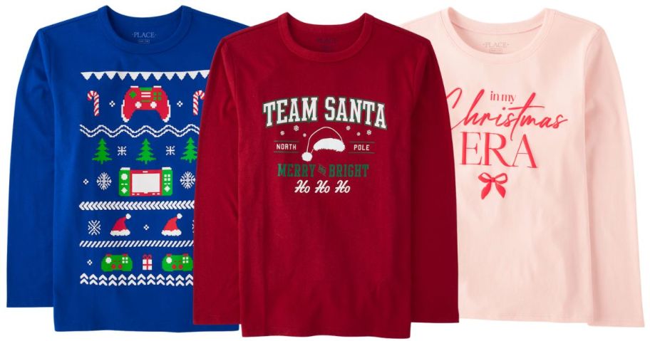 3 long sleeved holiday tees in blue, red, and pink 