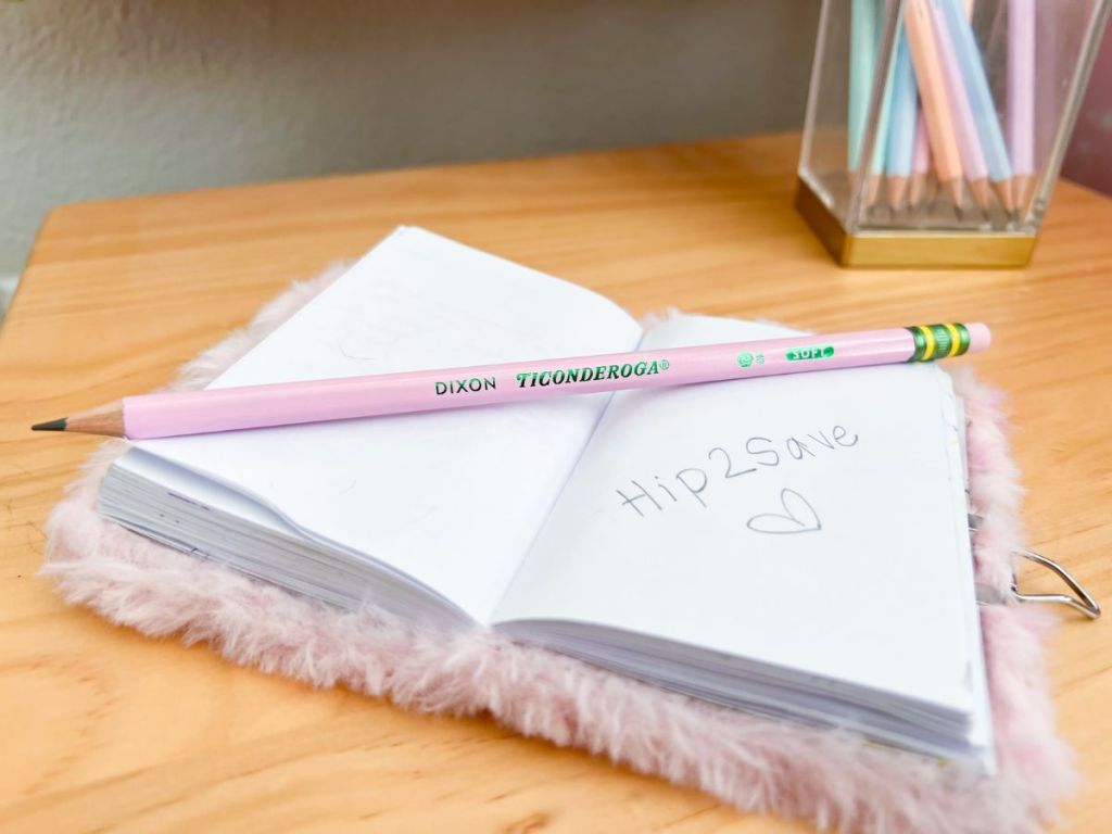 Ticonderoga Pastel Pencil laying across notebook on desk