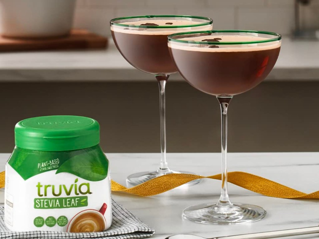 truvia sweetener container on counter with drinks