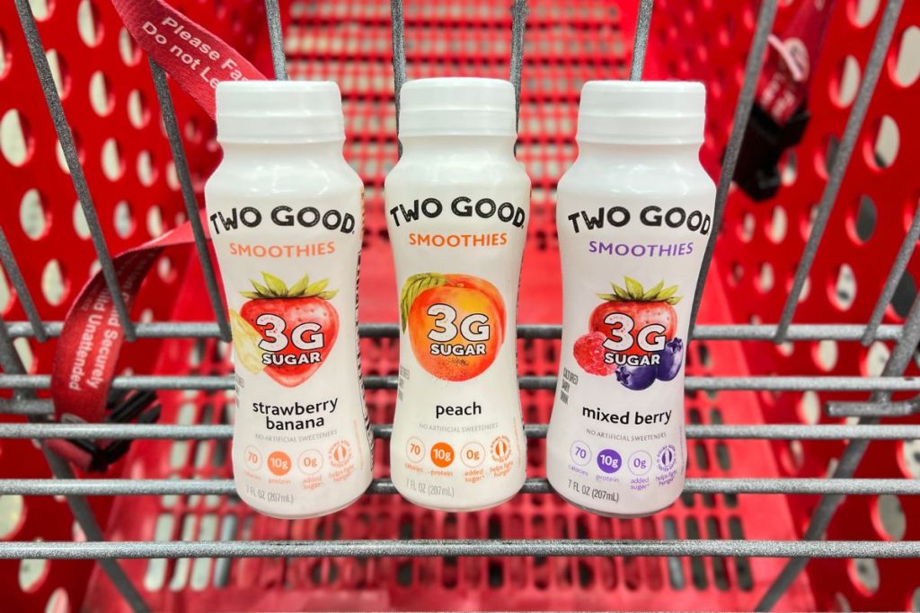 3 Bottles of Two Good Yogurt Smoothies in a Target Shopping Cart