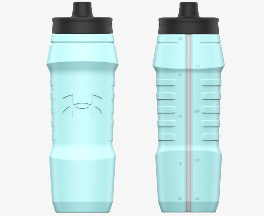 front and back view of a bright blue water bottle