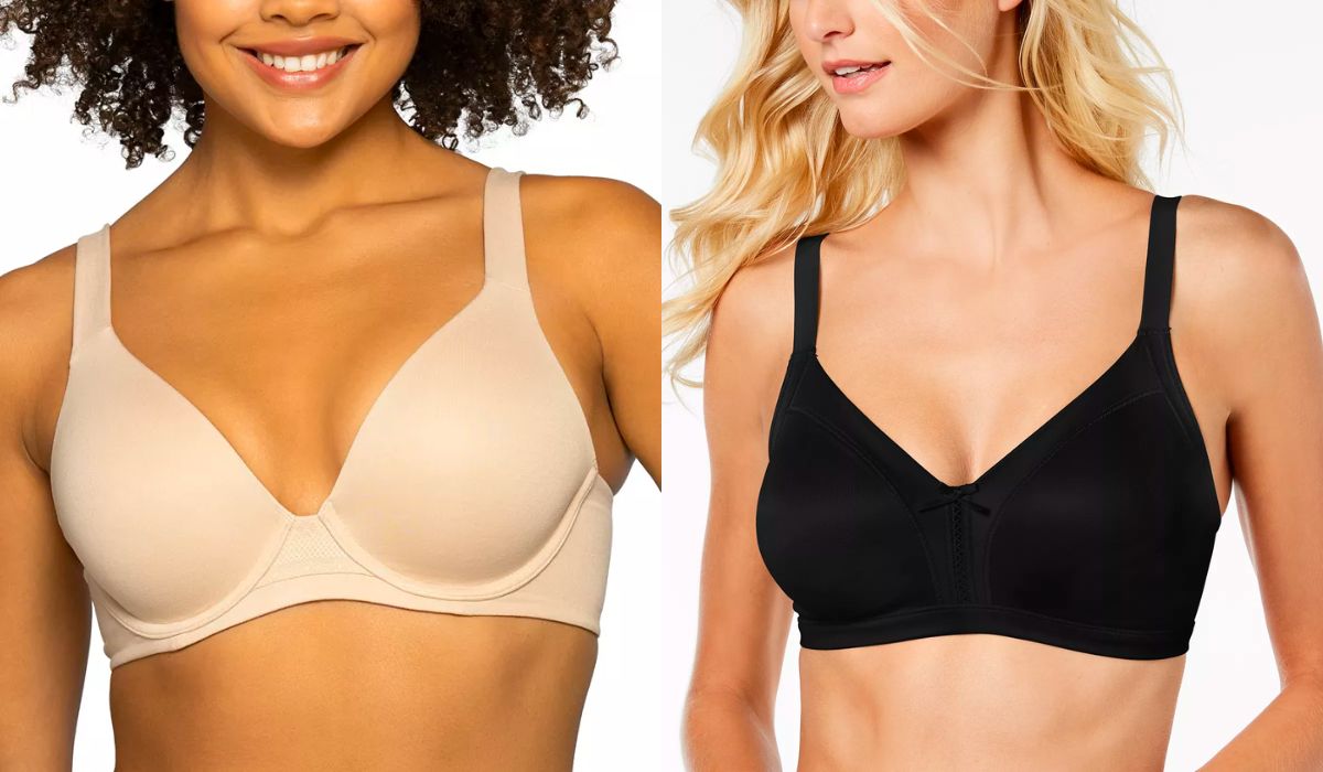 two models wearing vanity Fair Beyond Comfort Underwire Bra and Bali Double Support Back Smoothing Wireless Bra w/Cool Comfort