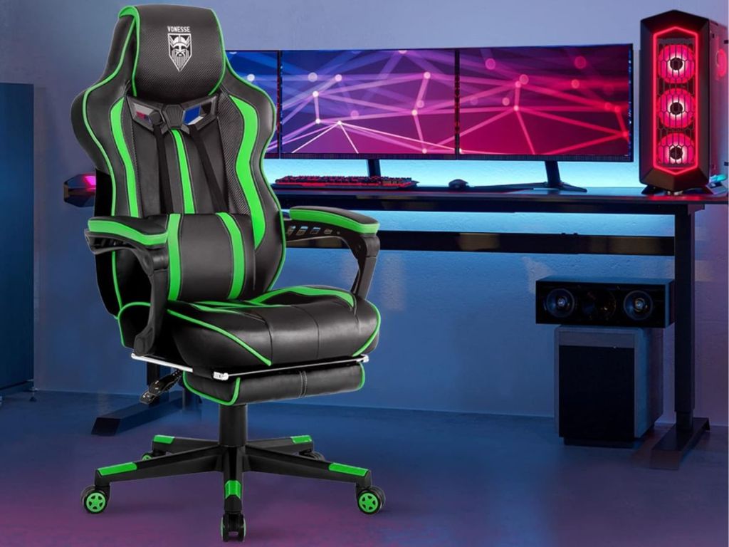 Vonesse gaming chair in green near a gaming setup