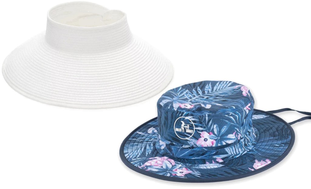 white visor and blue sun hat