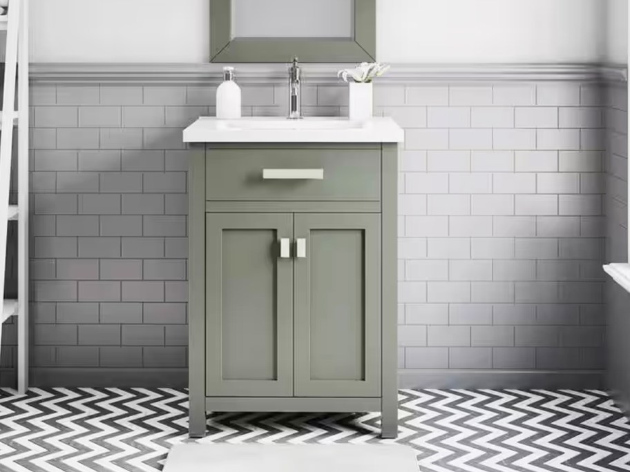 green bath vanity with white top