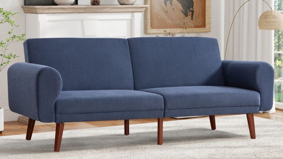 Wayfair blue two seater in the living room
