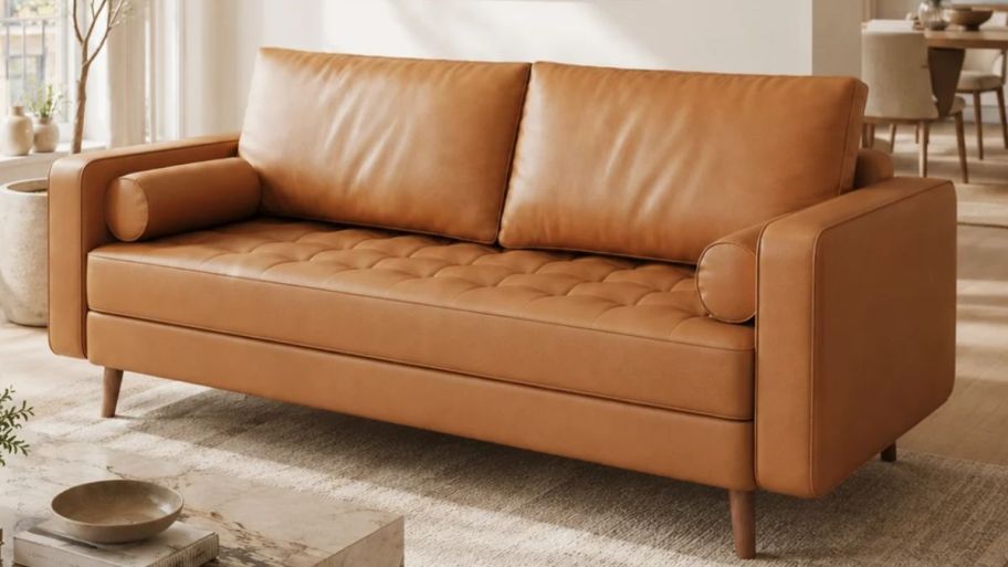 amber Wayfair leather sofa in the living room