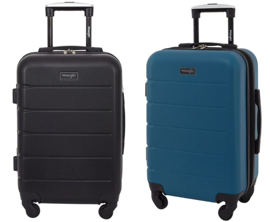 wrangler 20 inch carry on hard side luggage in black and navy blue
