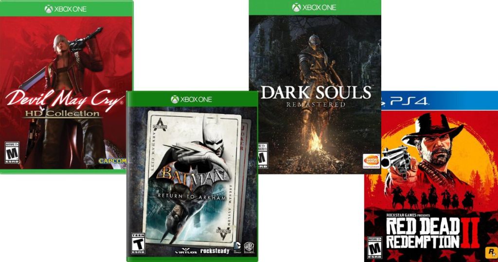 Four Xbox One video game cases - Devil May Cry, Batman, Dark Souls and Red Dead Redemption