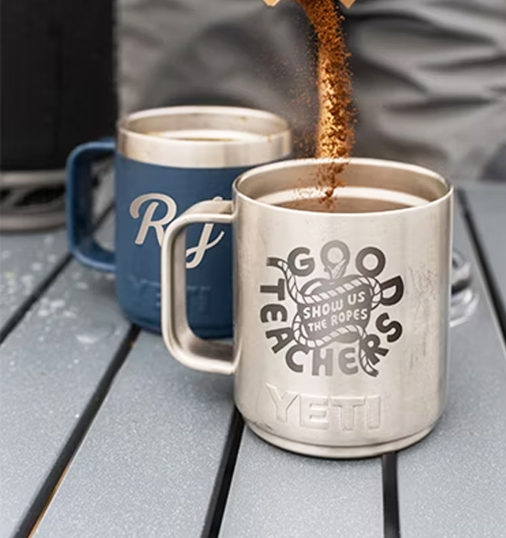 pouring coffee into a customized yeti rambler mug