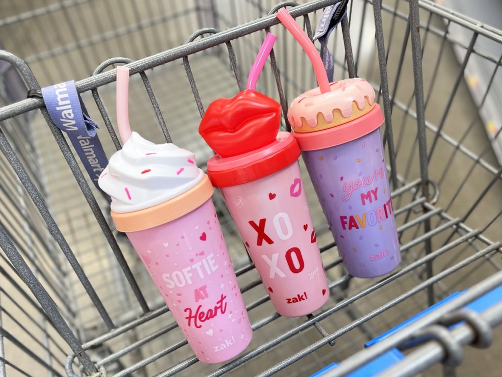 three valentine's day tumblers in shopping cart