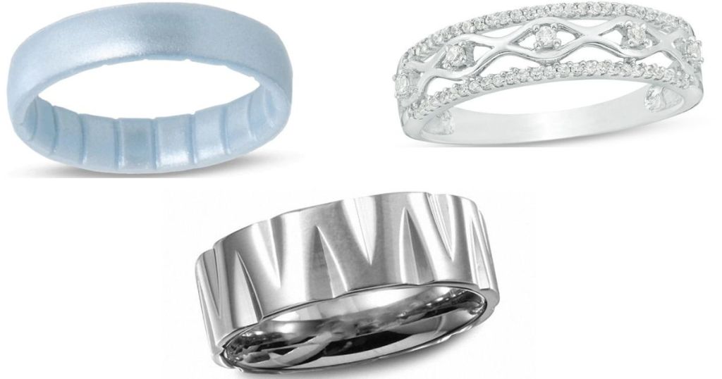 Three rings, one is blue, one is silver and the third has diamonds in it