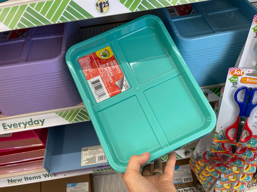 hand holding teal plastic activity tray