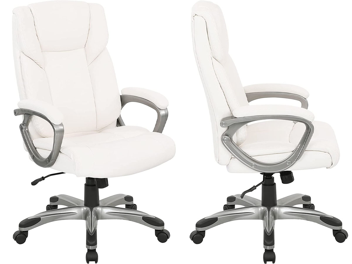 front and side image of white leather computer chairs