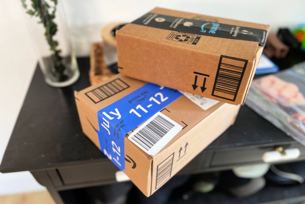 amazon prime day boxes stacked on a table