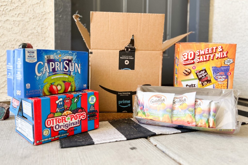amazon box at door with snack subscriptions