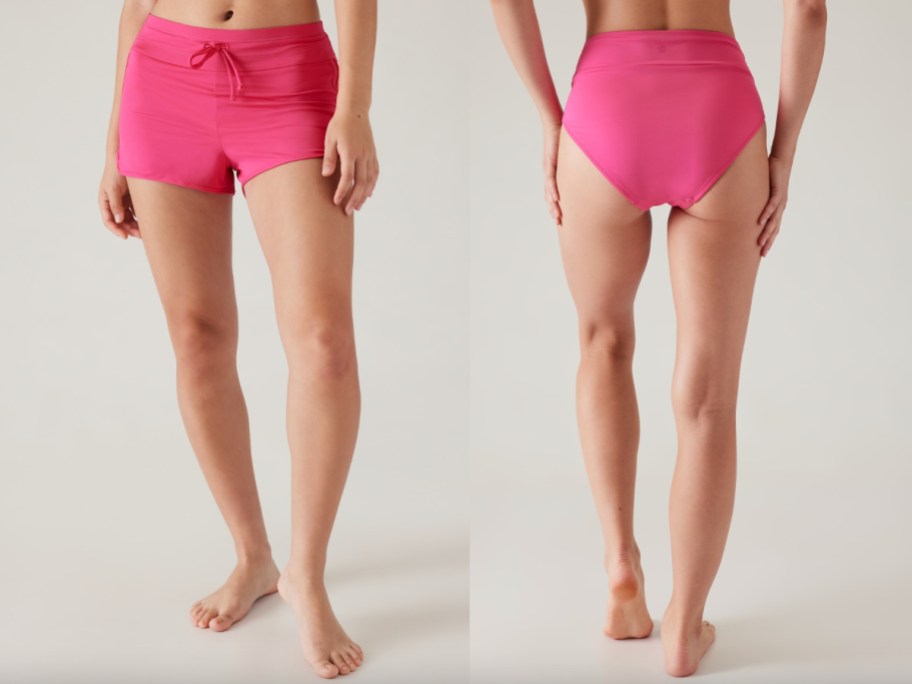 pink swim shorts and bikini bottoms