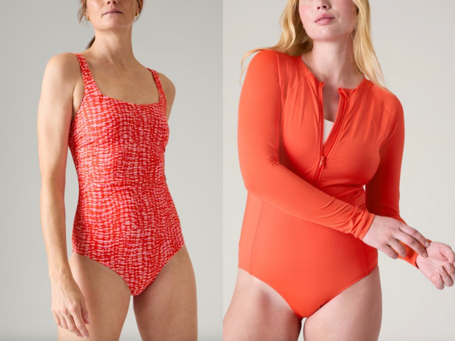 two women in orange one piece swimsuits