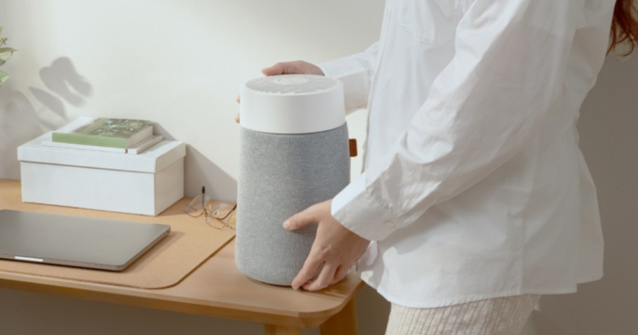 woman with her hands on a small grey and white air purifier that's sitting on a desk