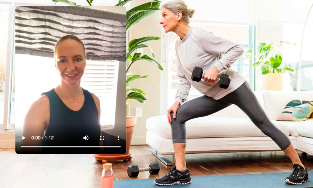 woman holding dumbell on yoga mat next to virtual personal trainer 