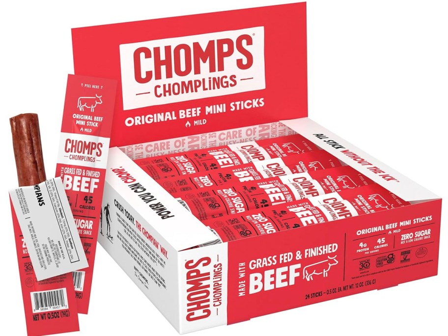 chomps beef sticks box with beef stick open next to it