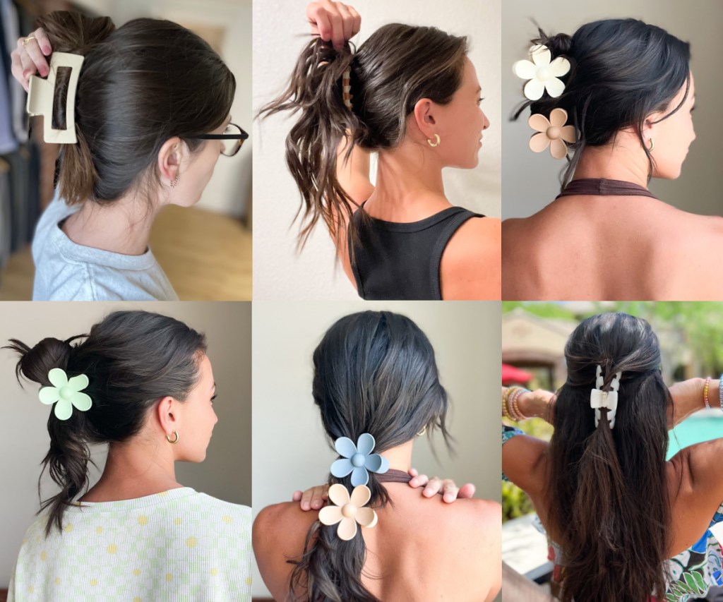 several different hairstyles using claw clips