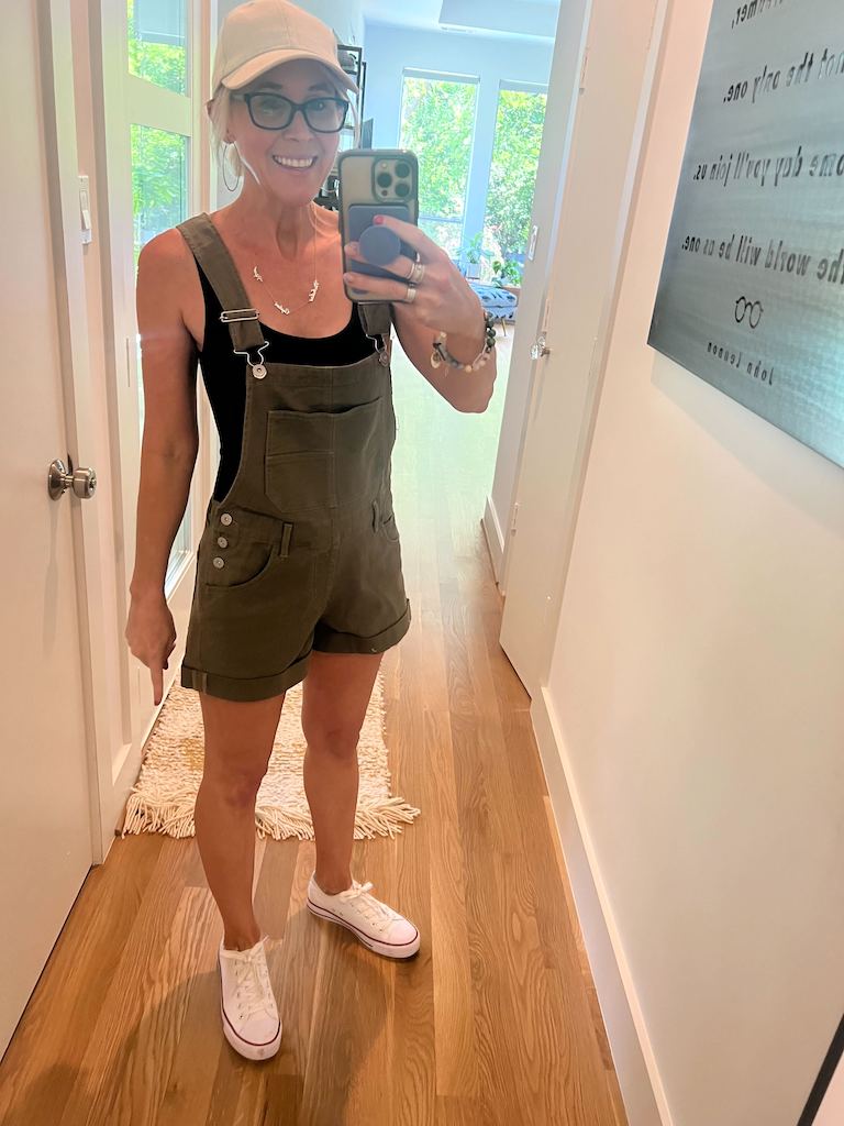 woman wearing overalls from Walmart 