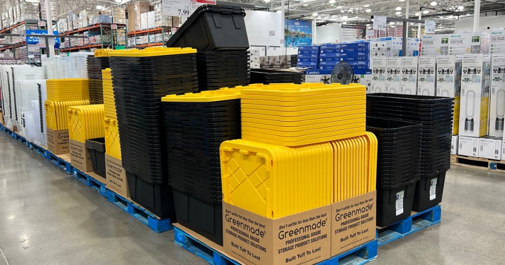 greenmade containers with yellow lids stacked in costco store